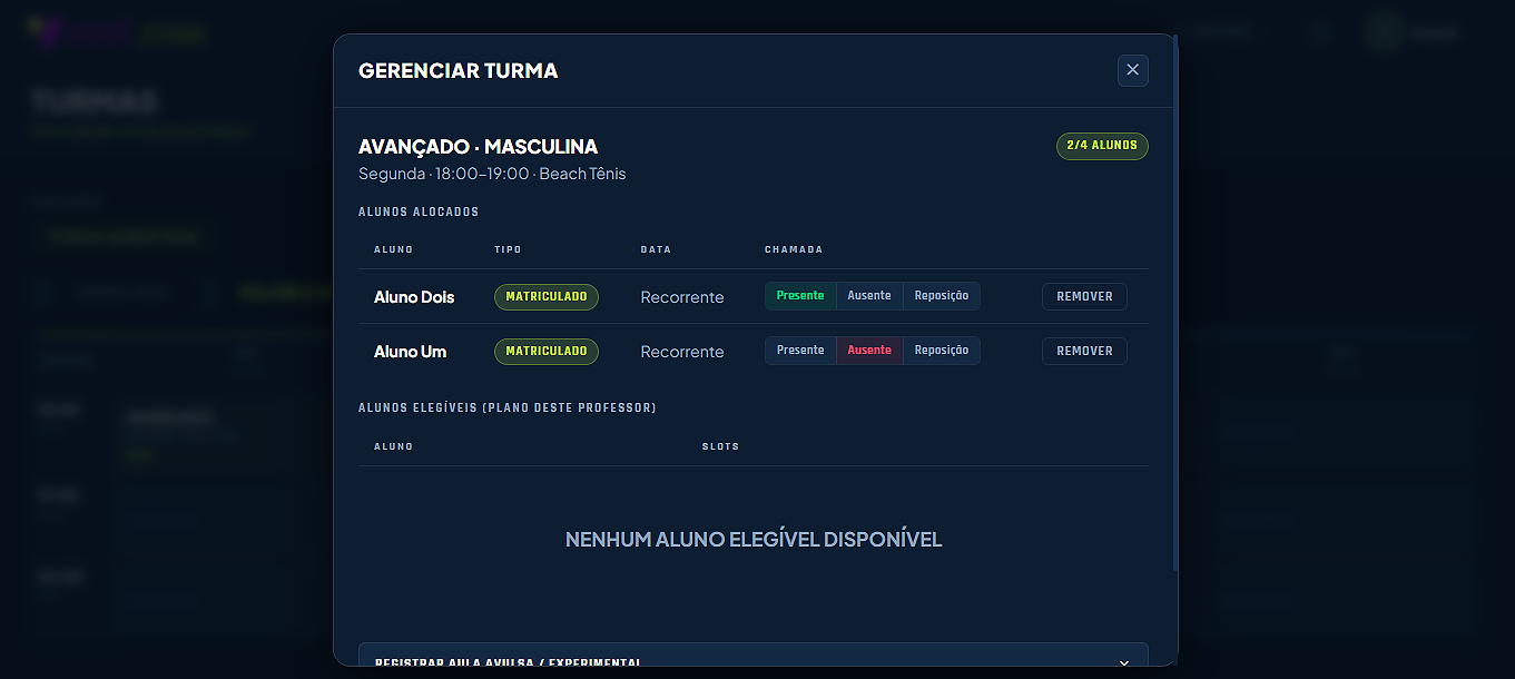 Modal "Gerenciar turma" com a lista de alunos e os três botões de status de presença