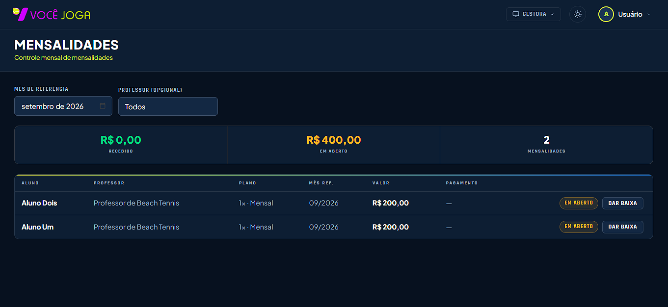 Lista de mensalidades filtrada por mês, com status de pagamento e ação de baixa