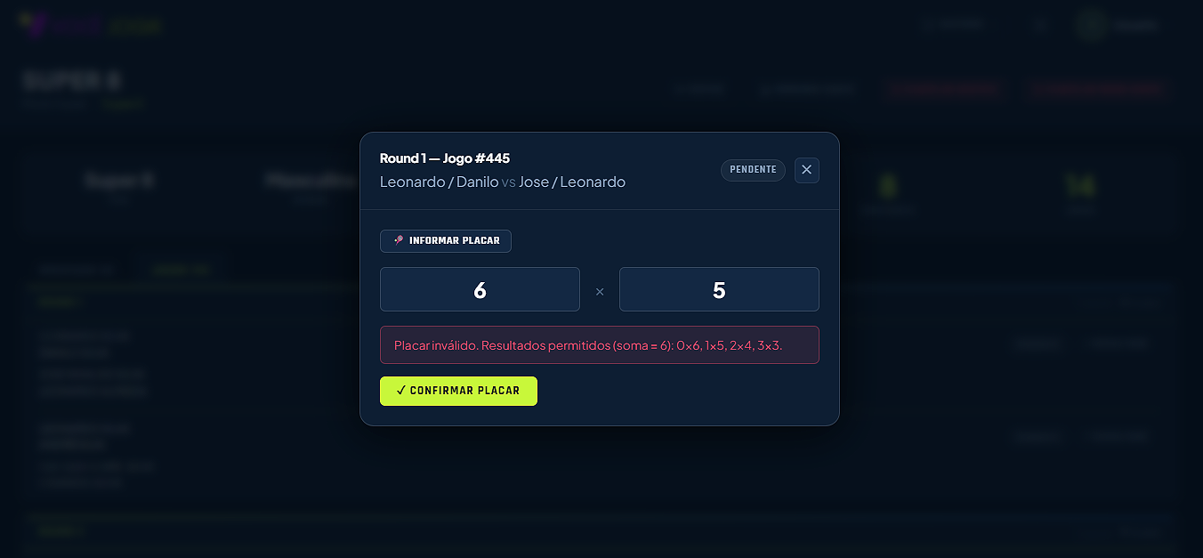 Lançamento do placar de um jogo, com a conferência automática do resultado informado
