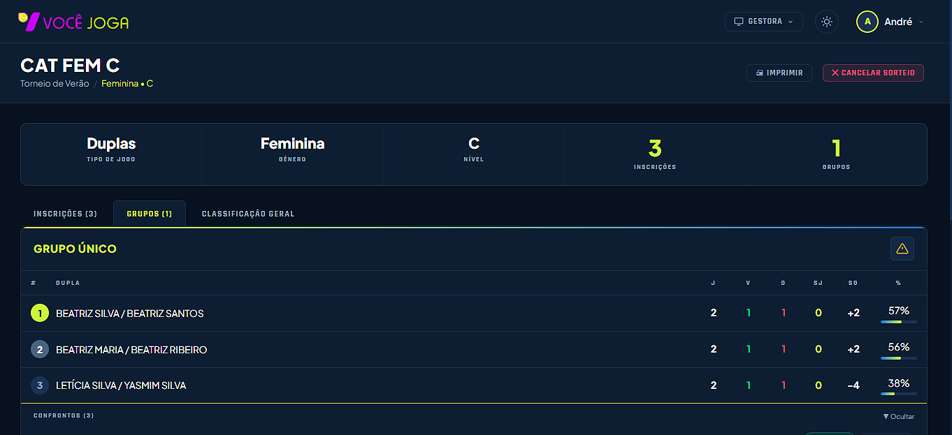 Painel de uma categoria do torneio, com tipo de jogo, gênero, nível, inscrições e a classificação do grupo